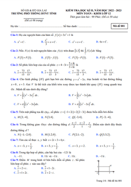 đề học kì 2 toán 12 năm 2022 – 2023 trường phổ thông dtnt tỉnh gia lai