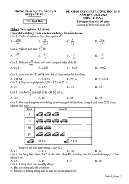 đề học kì 2 toán 6 năm 2022 – 2023 phòng gd&đt vũ thư – thái bình