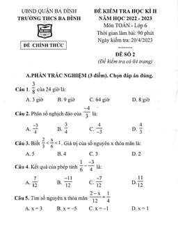 đề học kì 2 toán 6 năm 2022 – 2023 trường thcs ba đình – hà nội
