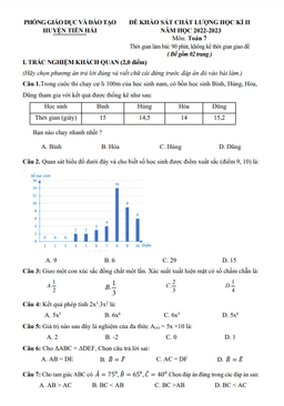 đề học kì 2 toán 7 cánh diều năm 2022 – 2023 phòng gd&đt tiền hải – thái bình