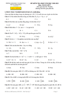 đề học kì 2 toán 7 năm 2020 – 2021 phòng gd&đt thị xã ninh hòa – khánh hòa