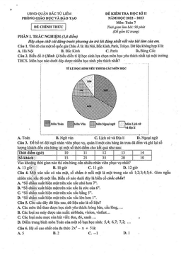 đề học kì 2 toán 7 năm 2022 – 2023 phòng gd&đt bắc từ liêm – hà nội
