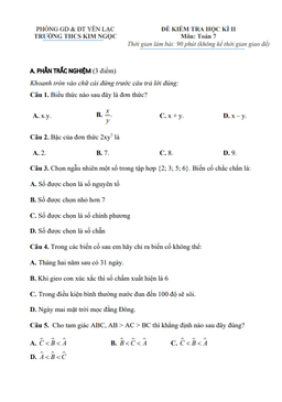 đề học kì 2 toán 7 năm 2022 – 2023 trường thcs kim ngọc – vĩnh phúc