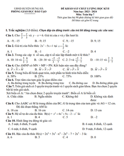 đề học kì 2 toán 7 năm 2023 – 2024 phòng gd&đt hưng hà – thái bình