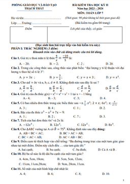 đề học kì 2 toán 7 năm 2023 – 2024 phòng gd&đt thạch thất – hà nội