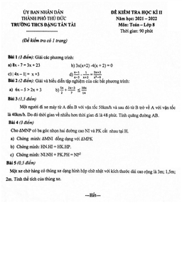 đề học kì 2 toán 8 năm 2021 – 2022 trường thcs đặng tấn tài – tp hcm