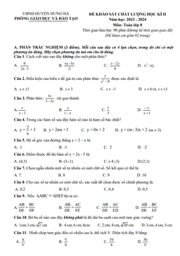 đề học kì 2 toán 8 năm 2023 – 2024 phòng gd&đt hưng hà – thái bình