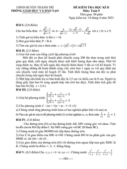 đề học kì 2 toán 9 năm 2022 – 2023 phòng gd&đt thanh trì – hà nội