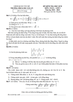 đề học kì 2 toán 9 năm 2022 – 2023 trường thcs chu văn an – hà nội