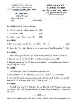 đề học kỳ 1 toán 11 năm 2022 – 2023 trường thpt nguyễn tất thành – tp hcm
