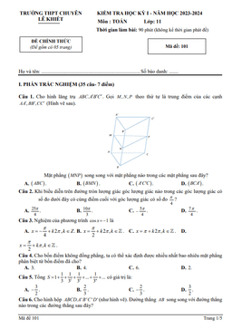 đề học kỳ 1 toán 11 năm 2023 – 2024 trường chuyên lê khiết – quảng ngãi