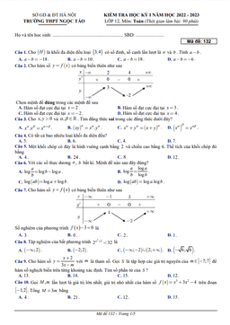 đề học kỳ 1 toán 12 năm 2022 – 2023 trường thpt ngọc tảo – hà nội