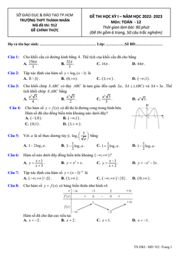đề học kỳ 1 toán 12 năm 2022 – 2023 trường thpt thành nhân – tp hcm