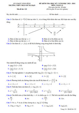 đề học kỳ 1 toán 12 năm 2023 – 2024 trường thpt trần hưng đạo – ninh bình