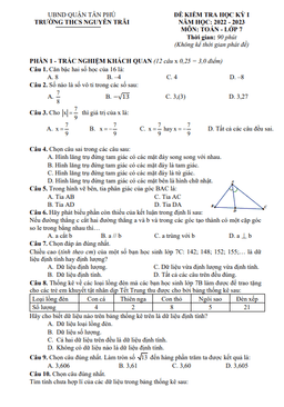 đề học kỳ 1 toán 7 năm 2022 – 2023 trường thcs nguyễn trãi – tp hcm