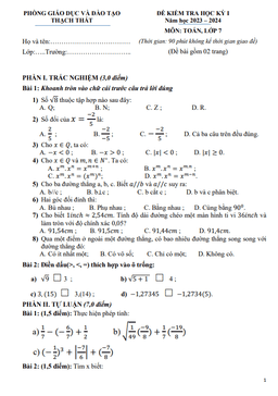đề học kỳ 1 toán 7 năm 2023 – 2024 phòng gd&đt thạch thất – hà nội