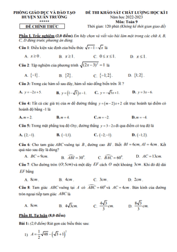 đề học kỳ 1 toán 9 năm 2022 – 2023 phòng gd&đt xuân trường – nam định