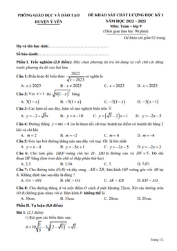 đề học kỳ 1 toán 9 năm 2022 – 2023 phòng gd&đt ý yên – nam định