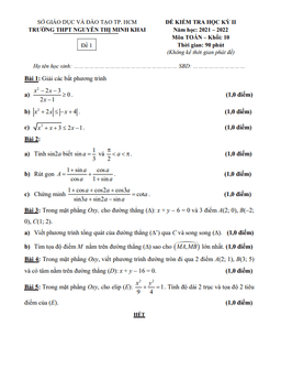 đề học kỳ 2 toán 10 năm 2021 – 2022 trường thpt nguyễn thị minh khai – tp hcm