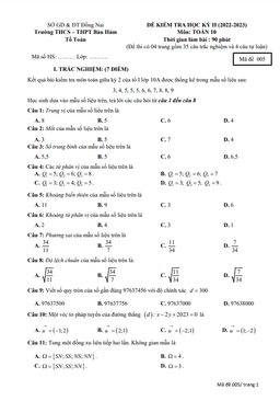 đề học kỳ 2 toán 10 năm 2022 – 2023 trường thcs – thpt bàu hàm – đồng nai