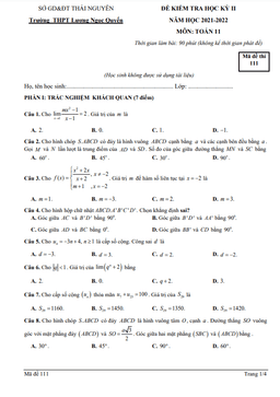 đề học kỳ 2 toán 11 năm 2021 – 2022 trường lương ngọc quyến – thái nguyên