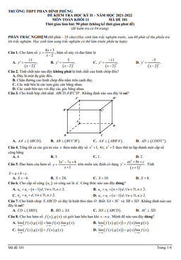 đề học kỳ 2 toán 11 năm 2021 – 2022 trường thpt phan đình phùng – hà nội