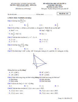 đề học kỳ 2 toán 11 năm 2022 – 2023 trường thpt lê quý đôn – hà nội