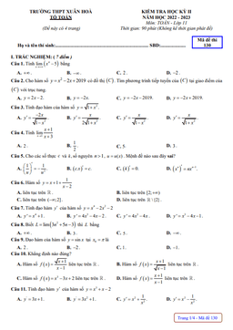 đề học kỳ 2 toán 11 năm 2022 – 2023 trường thpt xuân hòa – vĩnh phúc