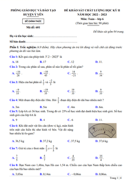 đề học kỳ 2 toán 6 năm 2022 – 2023 phòng gd&đt ý yên – nam định