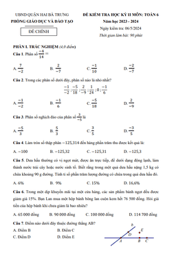 đề học kỳ 2 toán 6 năm 2023 – 2024 phòng gd&đt hai bà trưng – hà nội