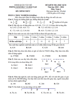 đề học kỳ 2 toán 6 năm 2023 – 2024 phòng gd&đt tây hồ – hà nội