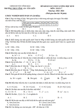 đề học kỳ 2 toán 7 năm 2023 – 2024 trường thcs vĩnh an – tân liên – hải phòng