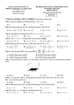 đề học kỳ 2 toán 8 năm 2022 – 2023 phòng gd&đt phủ lý – hà nam