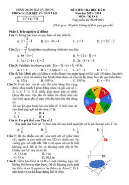 đề học kỳ 2 toán 8 năm 2023 – 2024 phòng gd&đt hai bà trưng – hà nội