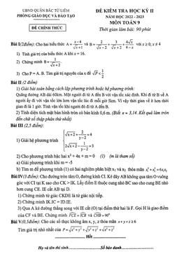 đề học kỳ 2 toán 9 năm 2022 – 2023 phòng gd&đt bắc từ liêm – hà nội