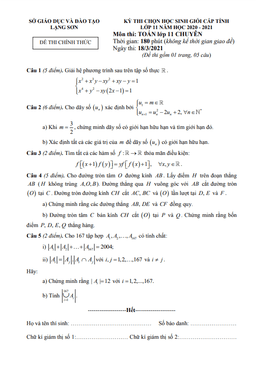 đề học sinh giỏi cấp tỉnh toán 11 chuyên năm 2020 – 2021 sở gd&đt lạng sơn