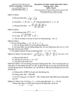 đề học sinh giỏi huyện toán 9 năm 2013 – 2014 phòng gd&đt nho quan – ninh bình