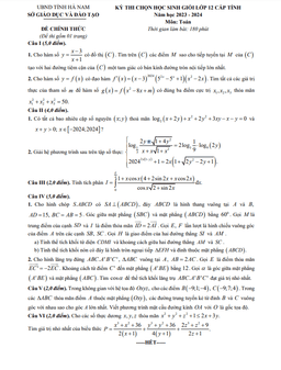 đề học sinh giỏi toán 12 cấp tỉnh năm 2023 – 2024 sở gd&đt hà nam