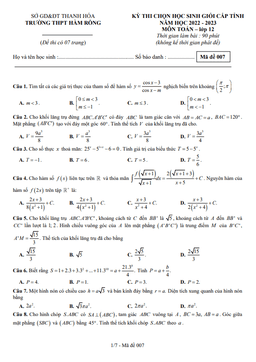 đề học sinh giỏi toán 12 năm 2022 – 2023 trường thpt hàm rồng – thanh hóa