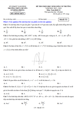 đề học sinh giỏi toán 12 năm 2023 – 2024 trường chuyên lê hồng phong – nam định