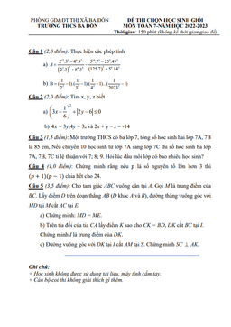 đề học sinh giỏi toán 7 năm 2022 – 2023 trường thcs ba đồn – quảng bình