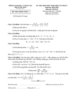 đề hsg cấp thị xã toán 8 năm 2022 – 2023 phòng gd&đt mỹ hào – hưng yên
