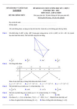 đề khảo sát chất lượng học kỳ 1 toán 12 năm 2021 – 2022 sở gd&đt nam định (đợt 2)