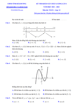 đề khảo sát chất lượng lần 1 toán 12 năm 2021 – 2022 sở gd&đt hải dương