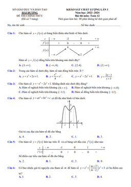 đề khảo sát chất lượng lần 1 toán 12 năm 2023 – 2024 sở gd&đt hải dương