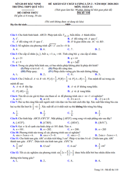 đề khảo sát chất lượng lần 2 toán 11 năm 2020 – 2021 trường quế võ 1 – bắc ninh