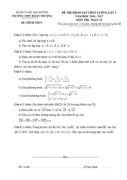 đề khảo sát chất lượng môn toán 10 trường đoàn thượng – hải dương lần 2