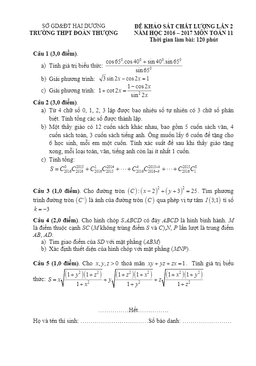 đề khảo sát chất lượng môn toán 11 trường đoàn thượng – hải dương lần 2