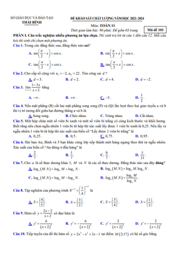 đề khảo sát chất lượng toán 11 năm 2023 – 2024 sở gd&đt thái bình