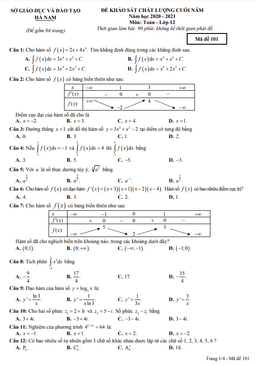đề khảo sát chất lượng toán 12 cuối năm học 2020 – 2021 sở gd&đt hà nam